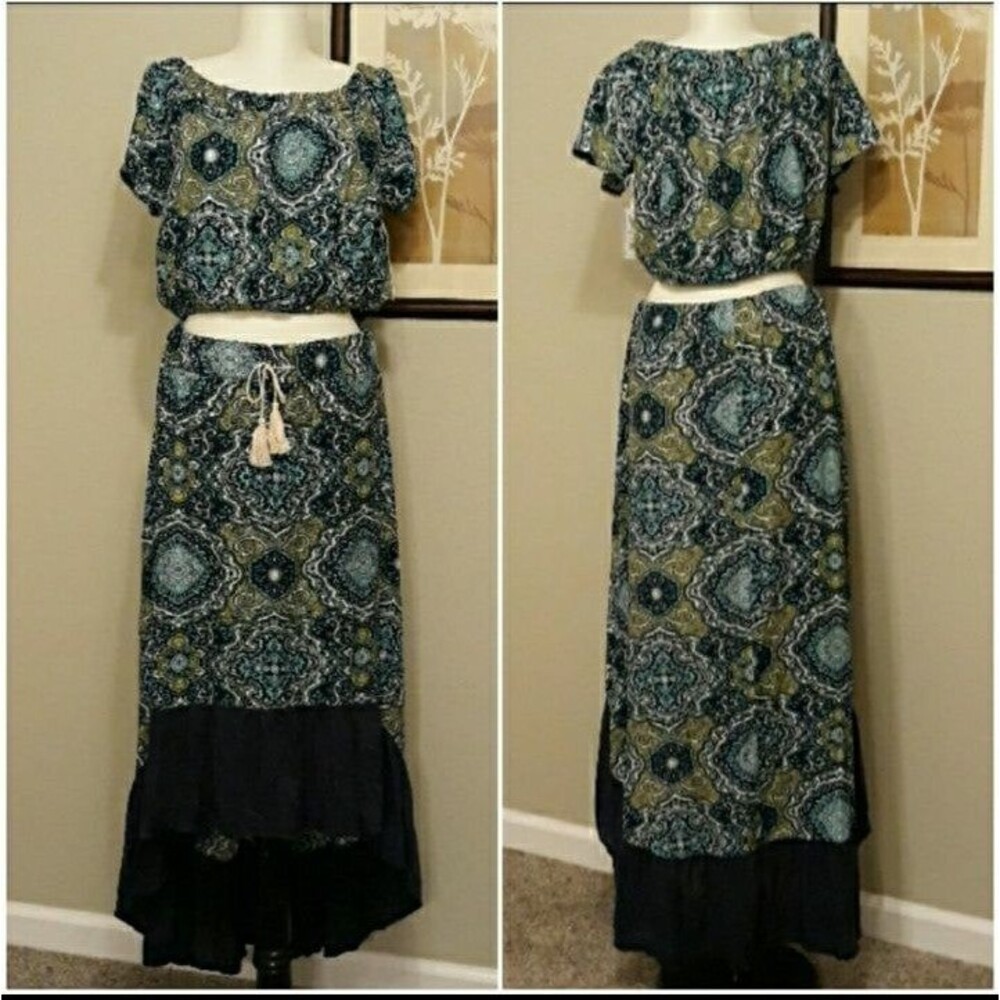 Go Coco Crop Top And Skirt Set Size Large Green Blue Gypsy Boho
